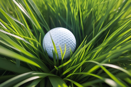 A close-up of a white golf ball in rough grass on a sunny day. The dimpled surface contrasts with the lush green grass and blurred background, creating an appealing image.の素材