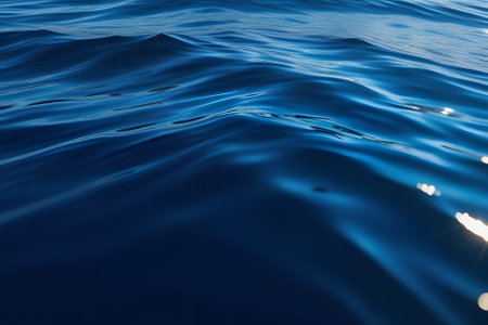 High-quality photo of ocean water from a boat or ship deck, deep blue with sun glare and soft waves. Perfect background for travel, vacation, adventure, cruise, nature, or summer beach concepts.の素材