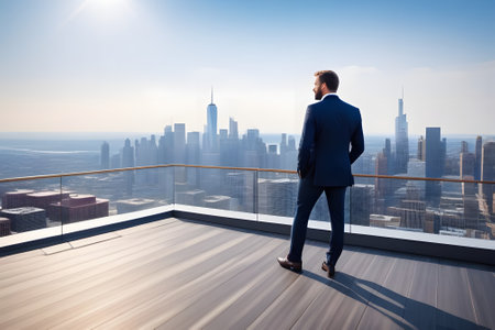 Businessman in suit standing on the rooftop, looking at the cityscape. The view is amazing. Image for business, success, achievement, corporate, or motivation concepts.の素材
