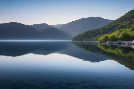A serene lake in the mountains, reflecting the sky with crystal clear water. Lush trees on the shore add greenery, creating a peaceful and tranquil effect. Perfect for meditation or relaxation.の素材