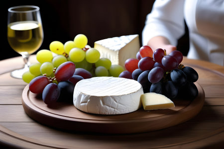 Wooden table with brie and cheddar cheese, grapes, and white wine. Brie unwrapped, cheddar in wedge, grapes in bowl, wine in glass. Perfect for wine and cheese pairing.の素材