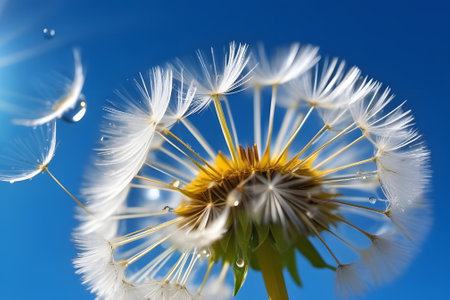 A dandelion flower head with white seeds blowing away in the wind, isolated on a blue background. The dandelion is in focus, with a blurred background. Some water drops are also visible on the seeds.の素材