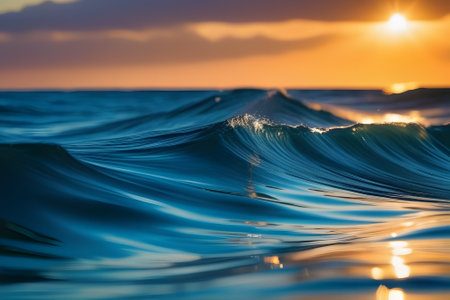 A serene view of gentle, rolling blue ocean waves reflecting the warm sunlight. The crystal-clear water glistens as the sun casts a soft glow over the tranquil scene.の素材