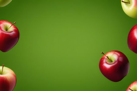 Assorted red and green apples on a green background, isolated for use in advertising and marketing. Perfect for product packaging, website design, and social media posts.の素材
