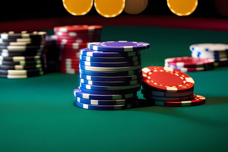 Stacks of blue, red, and black poker chips on a green table with a blurred background. The chips are arranged in a haphazard manner. The background is out of focus and consists of blurry lights. Generative AIの素材