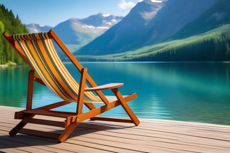 A wooden dock extends into a mountain lake, with an Adirondack chair providing a perfect spot to relax and take in the view of snow-capped peaks in the distance, under a serene blue sky. Generative AIの素材