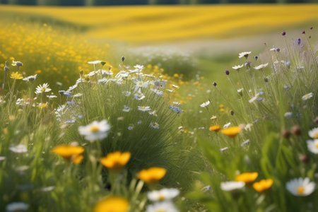 A serene scene of white and yellow daisies in a lush green field. The focus is on the beautifully blooming flowers, with a soft, blurred background adding depth to the image. Generative AIの素材