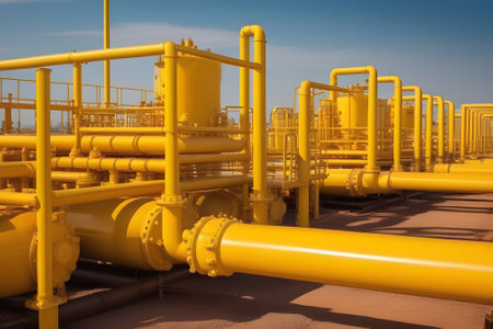 A network of yellow pipes and valves at an oil and gas processing plant, used to transport oil and gas and control the flow. The intricate system is crucial for the plants operations.の素材
