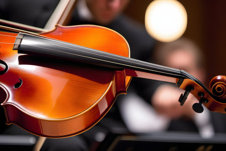 A detailed shot of a violin with a conductor conducting in the background during a musical performance.の素材