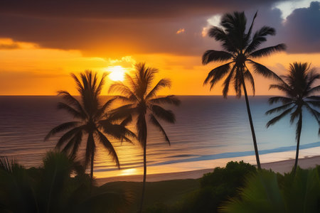 A photo of a vibrant sunset casting a warm glow over a beach lined with tall palm trees.の素材