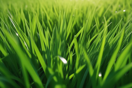 A close up photo capturing the vibrant green grass field with blades of grass and sunlight illuminating the scene.の素材