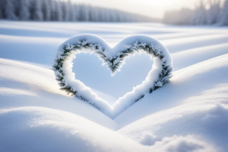 A heart made out of snow stands in the middle of a wide open field under a cloudy sky.の素材