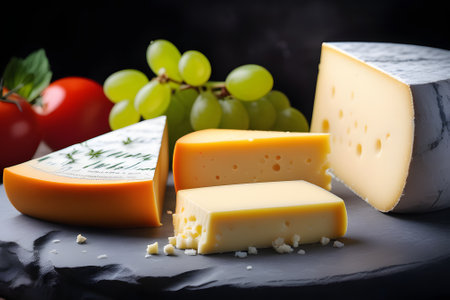 A diverse assortment of cheeses and grapes arranged on a table, ready to be enjoyed.の素材