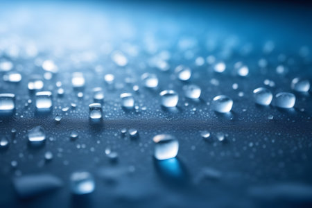 A detailed close-up of water droplets resting on a smooth surface, reflecting light and creating a captivating pattern.の素材