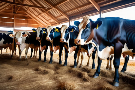 A row of cows standing in a barn, calmly awaiting feeding time.の素材
