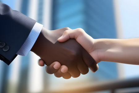 A close-up image capturing the moment two individuals shake hands in a professional setting.の素材
