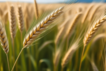 A vast expanse of fully grown wheat ready to be harvested, with golden stalks swaying in the wind.の素材