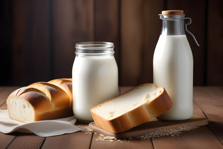 A loaf of bread sits beside a bottle of milk on a table.の素材