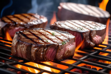 In this image, several steaks are sizzling on a grill, surrounded by flames. The flames lick the meat, creating a charred and seared exterior while the steaks cook to perfection.の素材