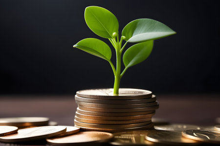 A green plant sprouting from a heap of shiny coins, symbolizing growth and prosperity. The contrast between the organic plant and the metallic coins creates a visually striking image.の素材