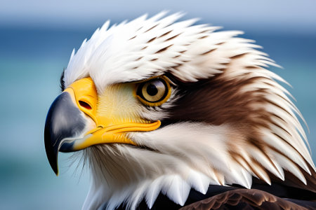A close-up photograph of a majestic bald eagle, showcasing its intense gaze and distinctive white head, set against a vibrant blue background.の素材