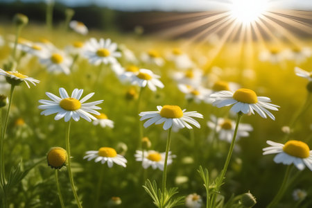 In this photo, a vast field is filled with white daisies under the radiant sun in the background. The flowers cover the landscape, creating a beautiful sight against the bright sky.の素材