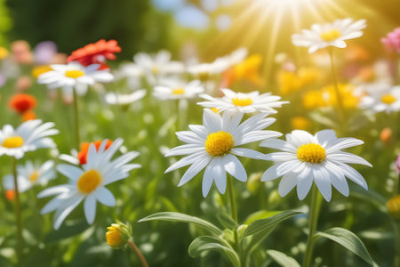 A field filled with vibrant white and yellow flowers blooming under the sunlight, showcasing a beautiful contrast of colors in nature.の素材