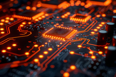 This close-up shot showcases a circuit board illuminated by vibrant orange lights. The intricate patterns of circuits and components are visible, creating a mesmerizing tech-themed display.の素材