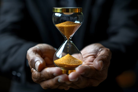 A man stands holding an hourglass, the sand slowly trickling from one bulb to the other. He looks contemplative, perhaps pondering the fleeting nature of time and life.の素材
