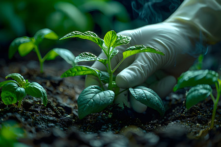A person wearing white gloves is delicately holding a potted plant. The individuals hands are prominently featured, showcasing the act of caring for the green foliage.の素材