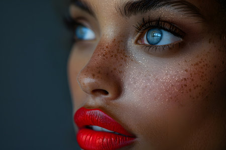 A woman with striking blue eyes wears bold red lipstick, accentuating her features. Her eyes are intense and captivating, drawing attention to her expression.の素材