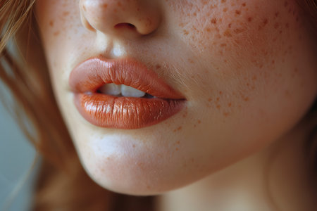 A detailed view of a womans face, showcasing her numerous freckles scattered across her skin. The close-up shot highlights the unique patterns and distribution of the freckles.の素材