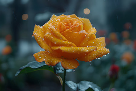 A yellow rose covered in sparkling water droplets, reflecting the light and showcasing its vibrant color. The flower appears fresh and fragrant, with the droplets enhancing its beauty.の素材