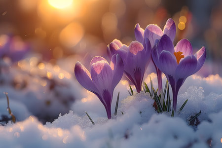 Several purple flowers resting on top of a snowy ground. The contrast between the vibrant flowers and the white snow creates a striking visual impact. The flowers seem to defy the winter cold as they bloom amidst the frost.の素材