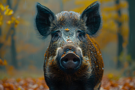 A male wild boar, with coarse fur and sharp tusks, stands majestically in the heart of a dense forest. Surrounded by towering trees and lush foliage, the boar appears alert and ready to defend its territory.の素材