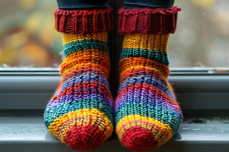 This close-up shows a person wearing vibrant and mismatched socks, featuring a variety of colors and patterns. The socks are prominent in the frame, showcasing the unique and playful style of the individual.の素材