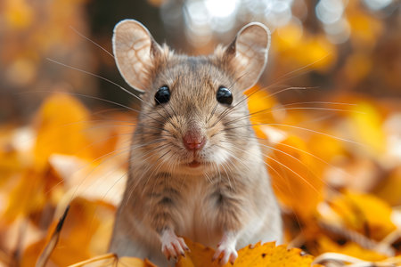 A small rodent standing on top of a pile of leaves, looking around its surroundings. The leaves are scattered around the rodent, creating a natural and rustic scene.の素材