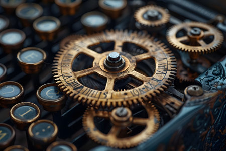 A detailed view of an antique typewriter, showcasing intricate gears and mechanical components. The typewriters worn keys and metal frame evoke a sense of nostalgia for vintage technology.の素材