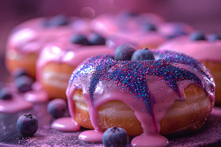 A detailed view of a delicious doughnut completely covered in plump and juicy blueberries. The blueberries are arranged neatly on top of the sugary glaze, creating a visually appealing and mouth-watering treat.の素材