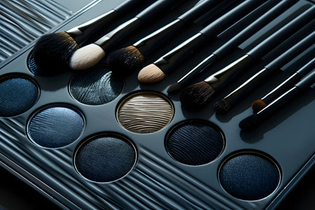 A set of makeup brushes are neatly arranged on top of a metal tray. The brushes vary in size and shape, ready to be used for applying cosmetics. The tray adds a touch of organization to the set.の素材