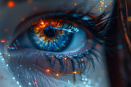 A close-up view of a human eye, showing intricate details of the blue iris, eyelashes, and reflection of light.の素材
