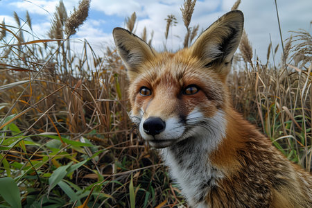 A close up view of a fox standing in a field of tall grass. The foxs fur is a mix of red, brown, and white, blending with the surroundings. Its eyes are alert, scanning the area for any movement or prey. The grass sways gently in the wind around the fox, creating a dynamic and natural scene.の素材