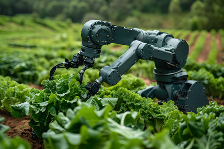 A robot is shown industriously picking lettuce in a vast field. The robots metallic arms are reaching out to carefully pluck the ripe lettuce, showcasing the efficiency of automation in agriculture.の素材