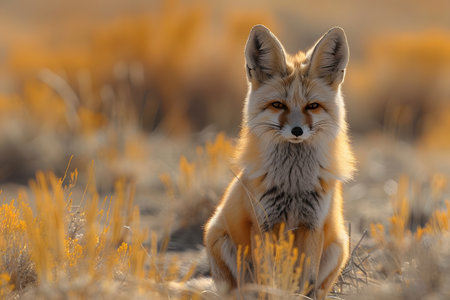 A close-up of a fox sitting in a grassy field, looking alert and poised. The fox is surrounded by wildflowers and tall grass, with a hint of sunlight casting a warm glow on its fur.の素材