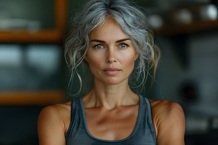 A woman with grey hair wearing a tank top is captured in this scene. She stands confidently, showcasing her unique style and self-expression. The grey hair contrasts with the black tank top, creating a striking visual. The woman exudes a sense of individuality and confidence.の素材