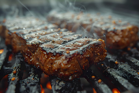 In this close-up shot, meat is sizzling on a hot grill, creating a delicious aroma and appealing char marks. The flames underneath the grill are licking the meat, enhancing its flavor.の素材