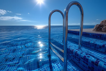 An empty swimming pool under a bright sun, casting a sparkling reflection on the water. The pool is surrounded by concrete edges, with no swimmers or activity present.の素材