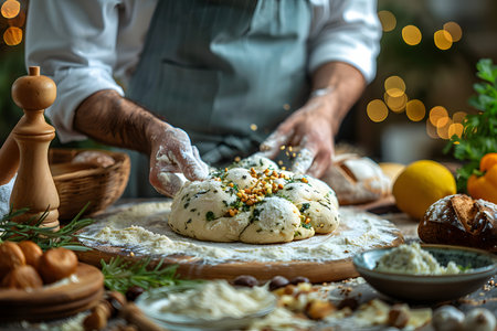 A person is seen kneading dough and shaping bread on top of a wooden table in a kitchen setting. Various ingredients and tools are scattered around the workspace.の素材