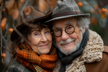 A man and a woman are dressed in warm clothing, wearing hats and scarves to protect themselves from the cold weather. They are likely enjoying a leisurely walk or outdoor activity, staying cozy and stylish.の素材