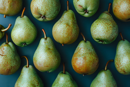 Several pears are arranged in a row, sitting closely next to each other. The pears vary slightly in size and color, creating a visually appealing display.の素材